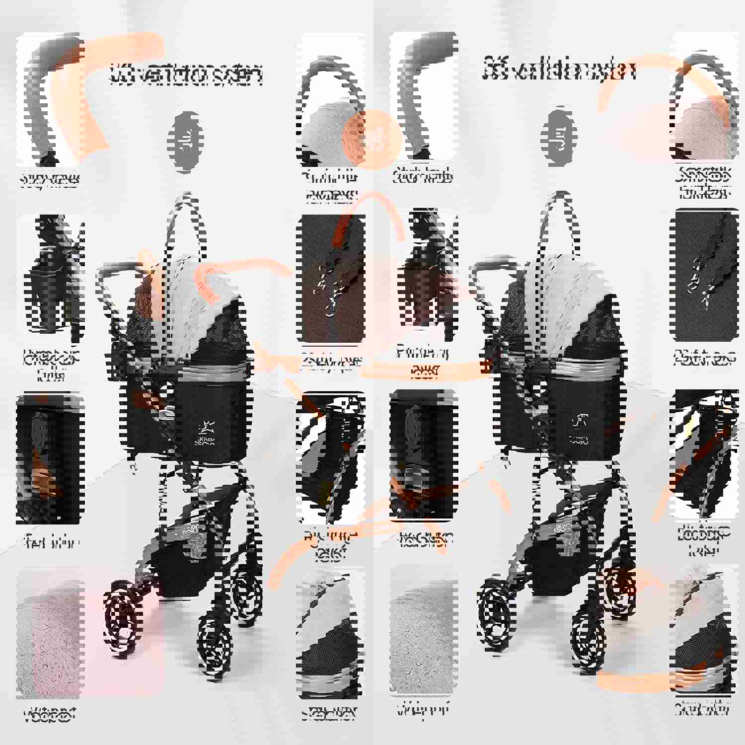 SKISOPGO 3-in-1 Pet Stroller for Small to Medium Dogs and Cats with Detachable Carrier, Foldable Travel Pet Gear (Khaki)