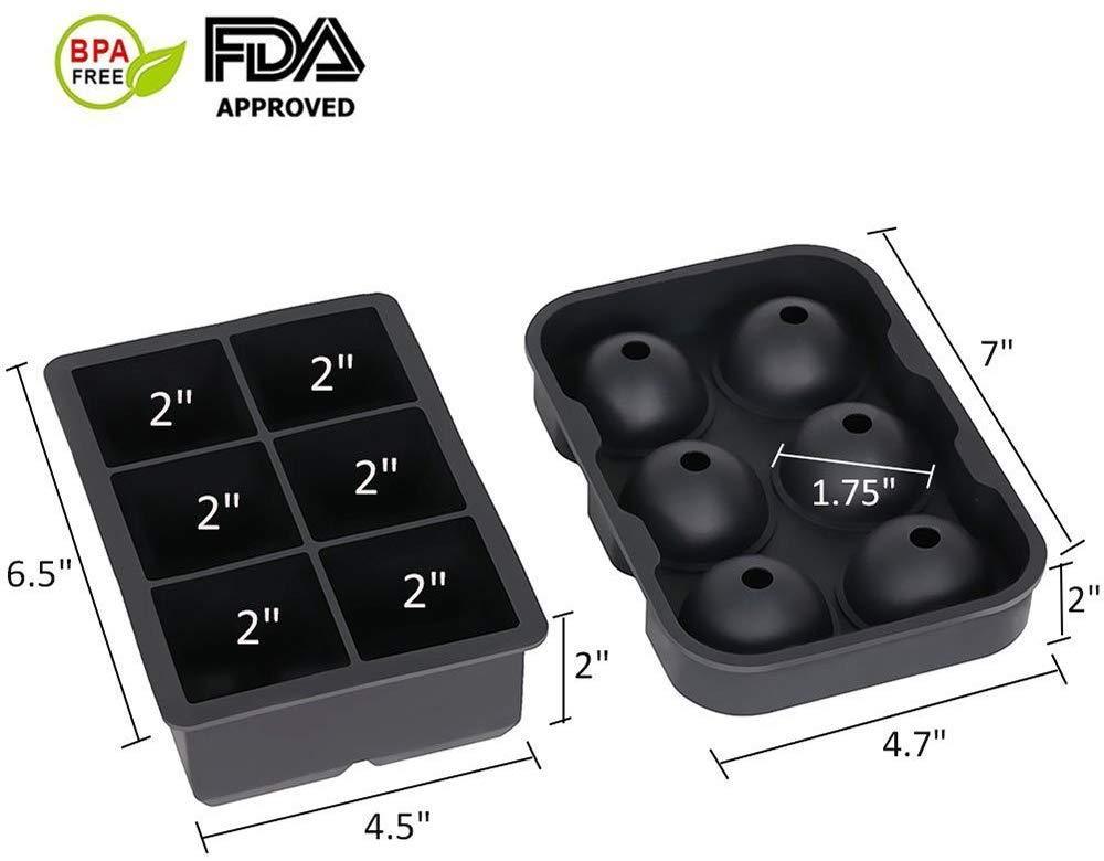 Large Ice Cube Trays Ice Ball Maker with Lids Combo (Set of 2) - Silicone Sphere & Square Flexible Ice Molds for Cocktails, Whiskey, Juice