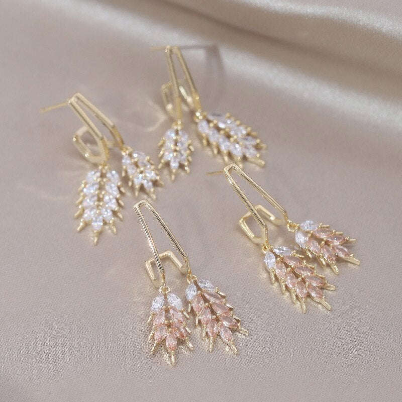 Elegant 14K Gold Plated Double Wheat Ear Pendant Earrings for Women