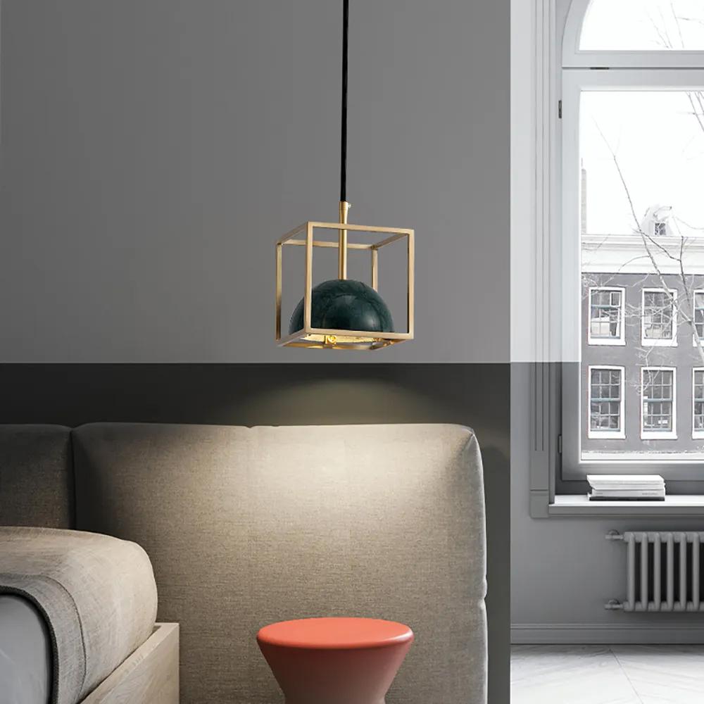 Brass Geometric Pendant Light with White Faux Marble Shade