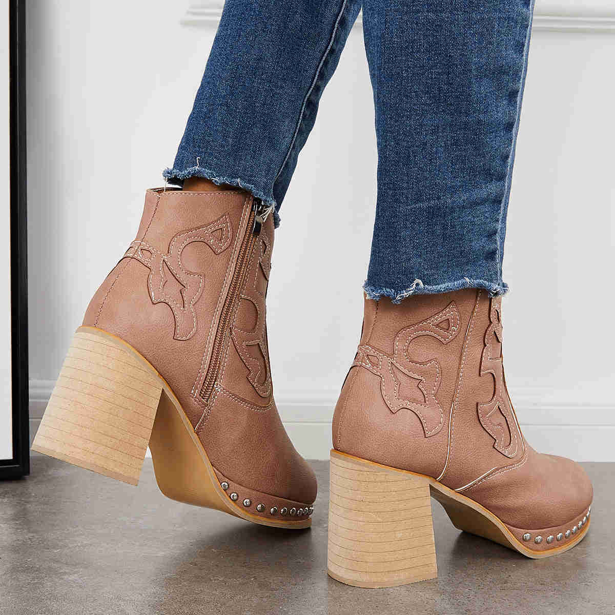 Embroidery Rivet Platform Chunky Heel Booties Western Cowgirl Ankle Boots