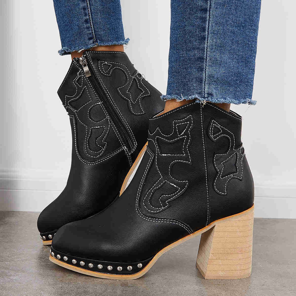 Embroidery Rivet Platform Chunky Heel Booties Western Cowgirl Ankle Boots