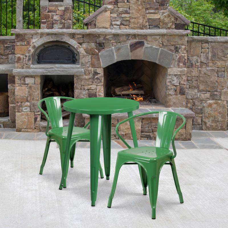 Flash Furniture Napoleon Commercial Grade 24 Round Green Metal Indoor-Outdoor Table Set with 2 Arm Chairs