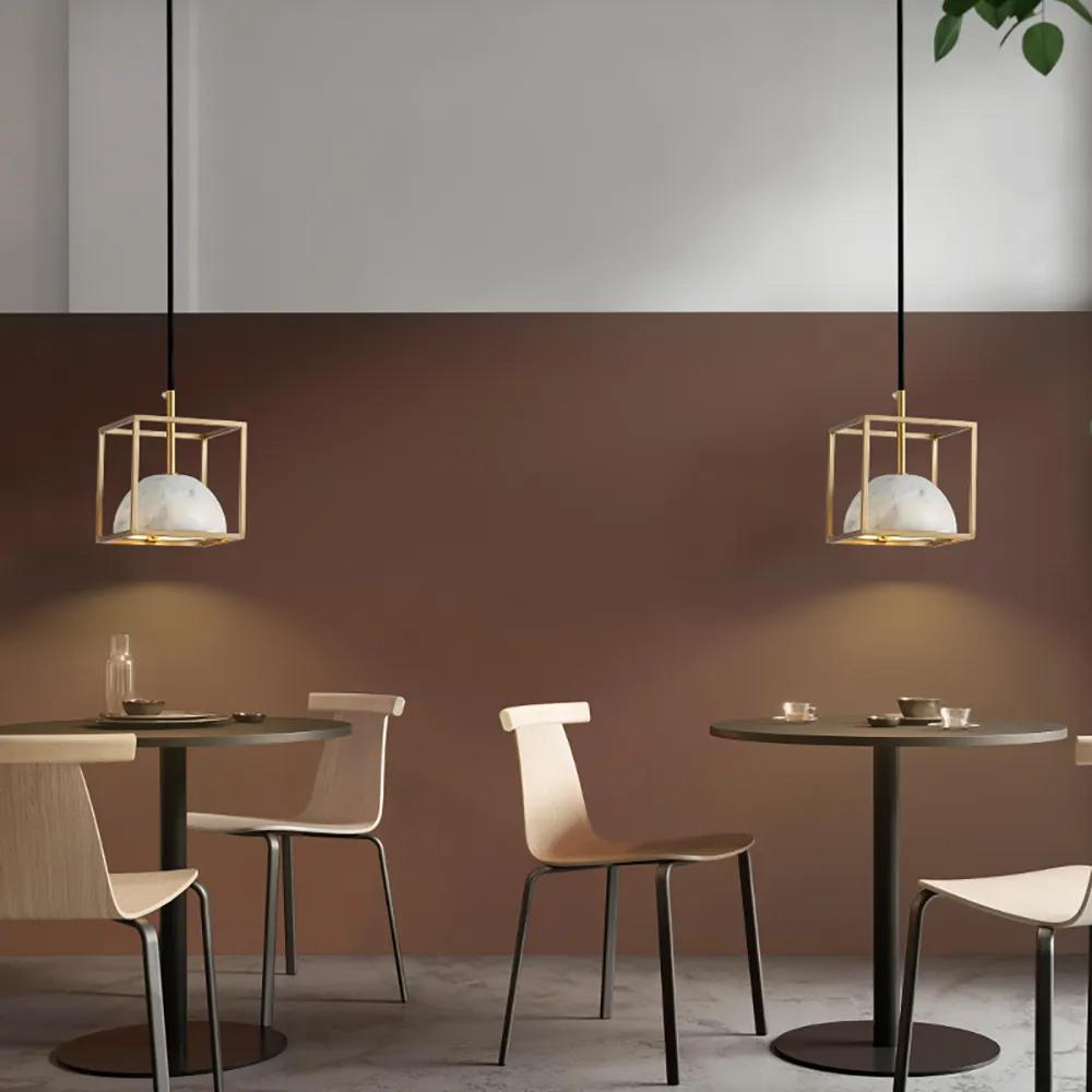 Brass Geometric Pendant Light with White Faux Marble Shade