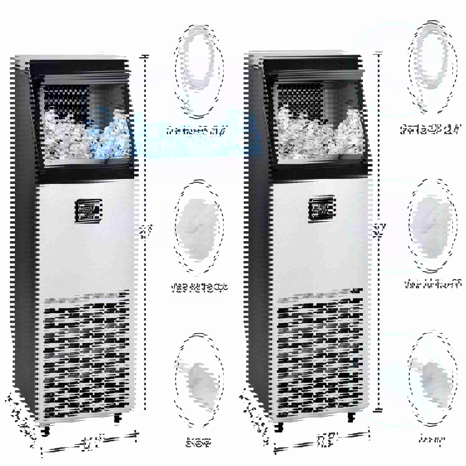 Freestanding Commercial Ice Maker Machine 100LBS/24H, Auto-Clean Built-in Automatic Water Inlet Clear Ice Cube Maker with Scoop