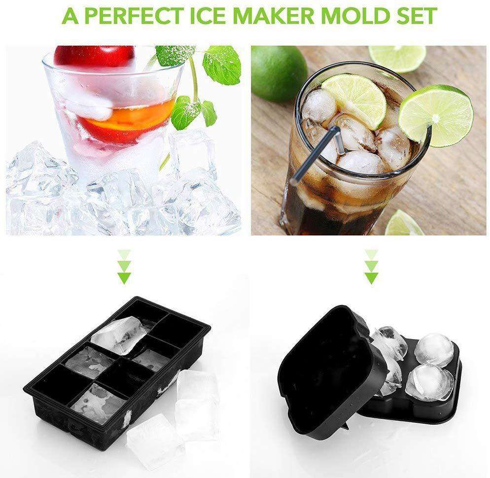 Large Ice Cube Trays Ice Ball Maker with Lids Combo (Set of 2) - Silicone Sphere & Square Flexible Ice Molds for Cocktails, Whiskey, Juice