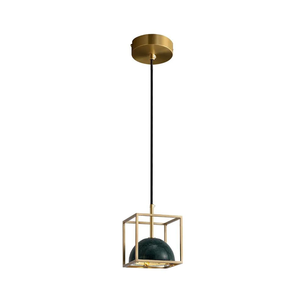 Brass Geometric Pendant Light with White Faux Marble Shade