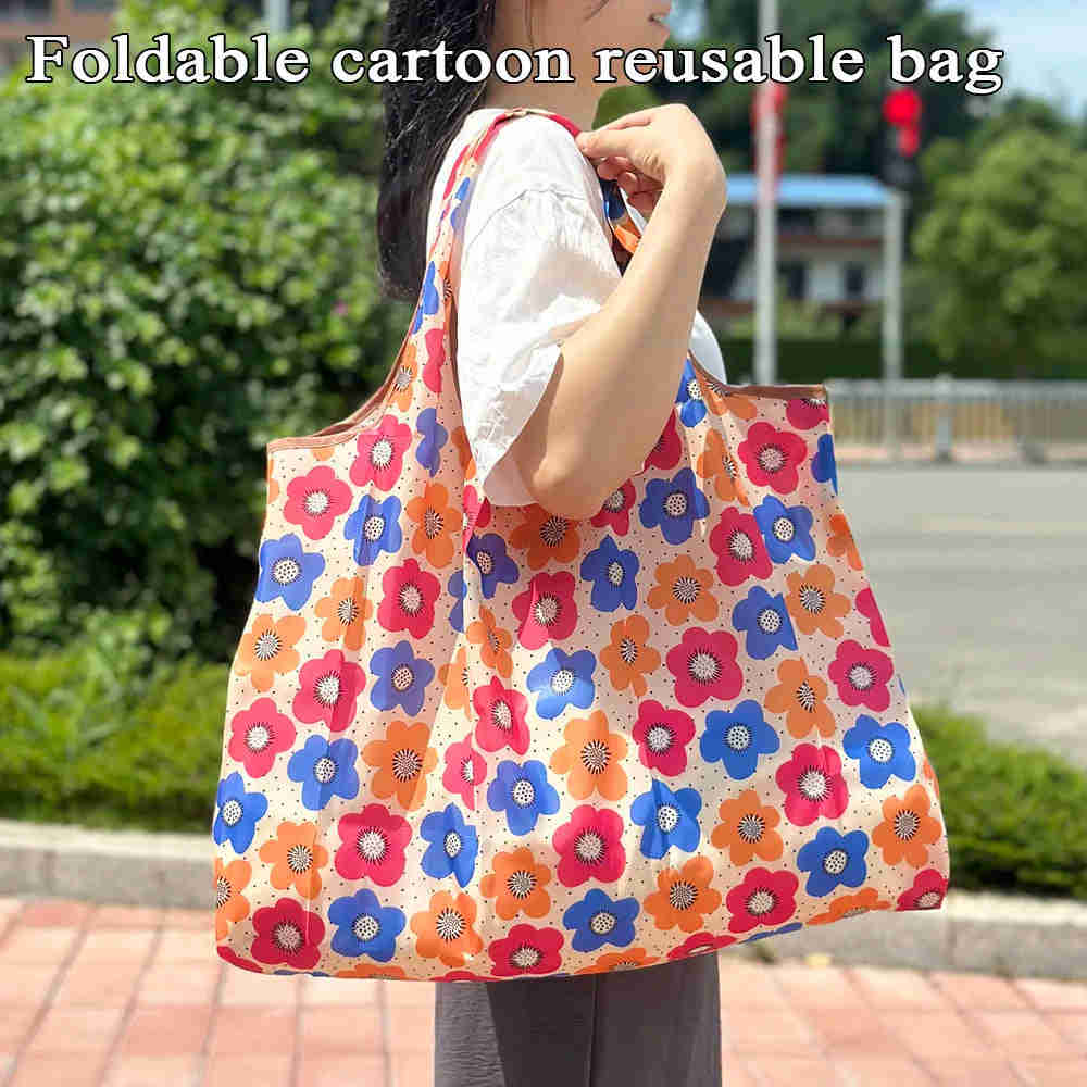 Reusable Eco Shopping Tote Bag with Floral Pattern - Large Capacity Waterproof Grocery Bag for Women