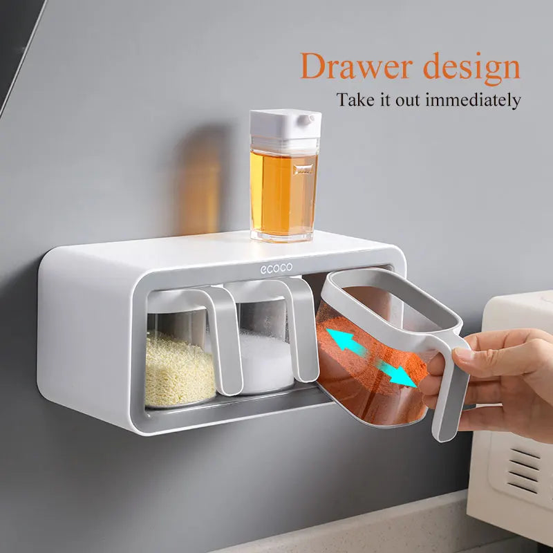 SRline Wall Mount Spice Rack Organizer Set with Sugar Bowl, Salt Shaker, and Seasoning Containers