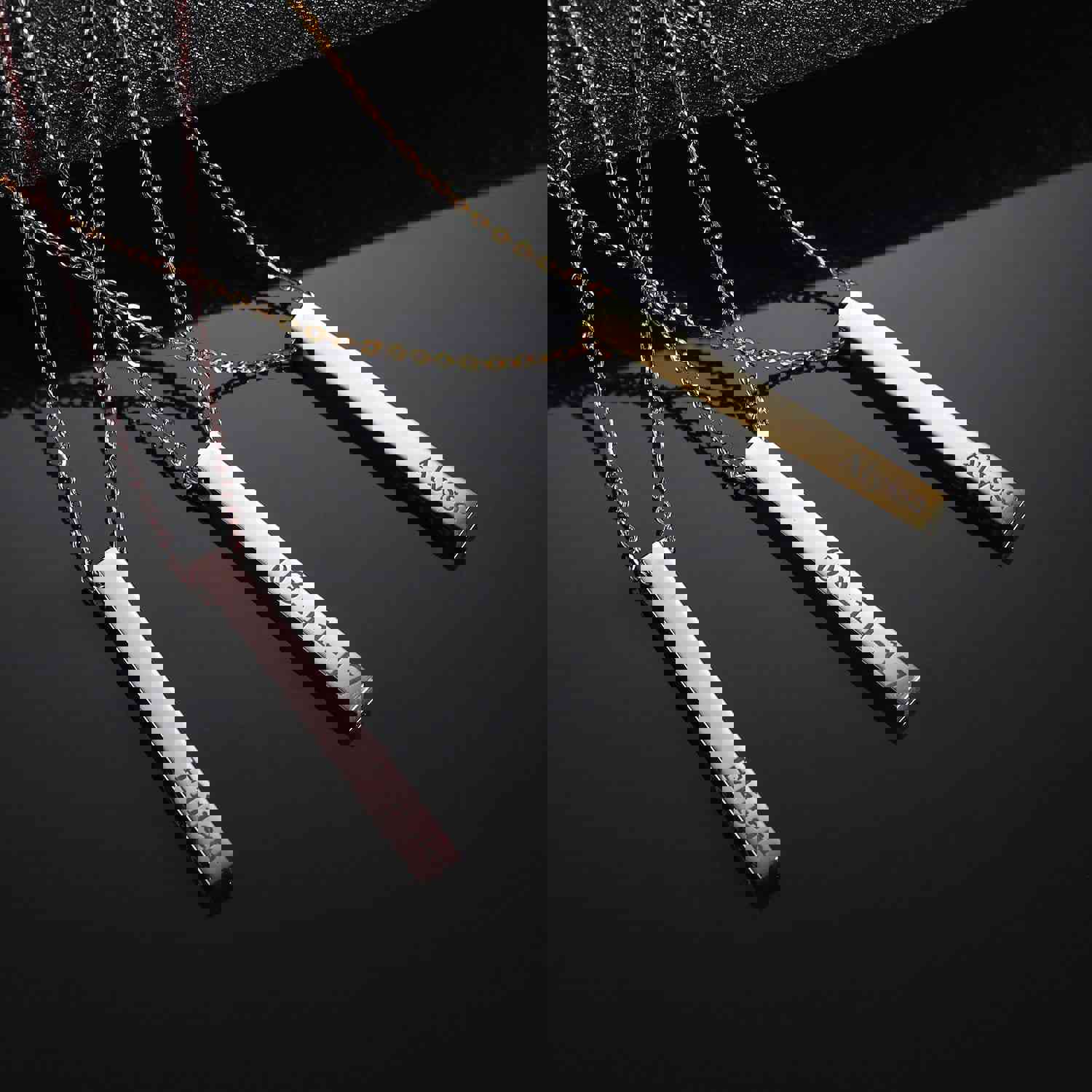 Engraved 3D Bar Necklace - 925 Sterling Silver with CZ Stones