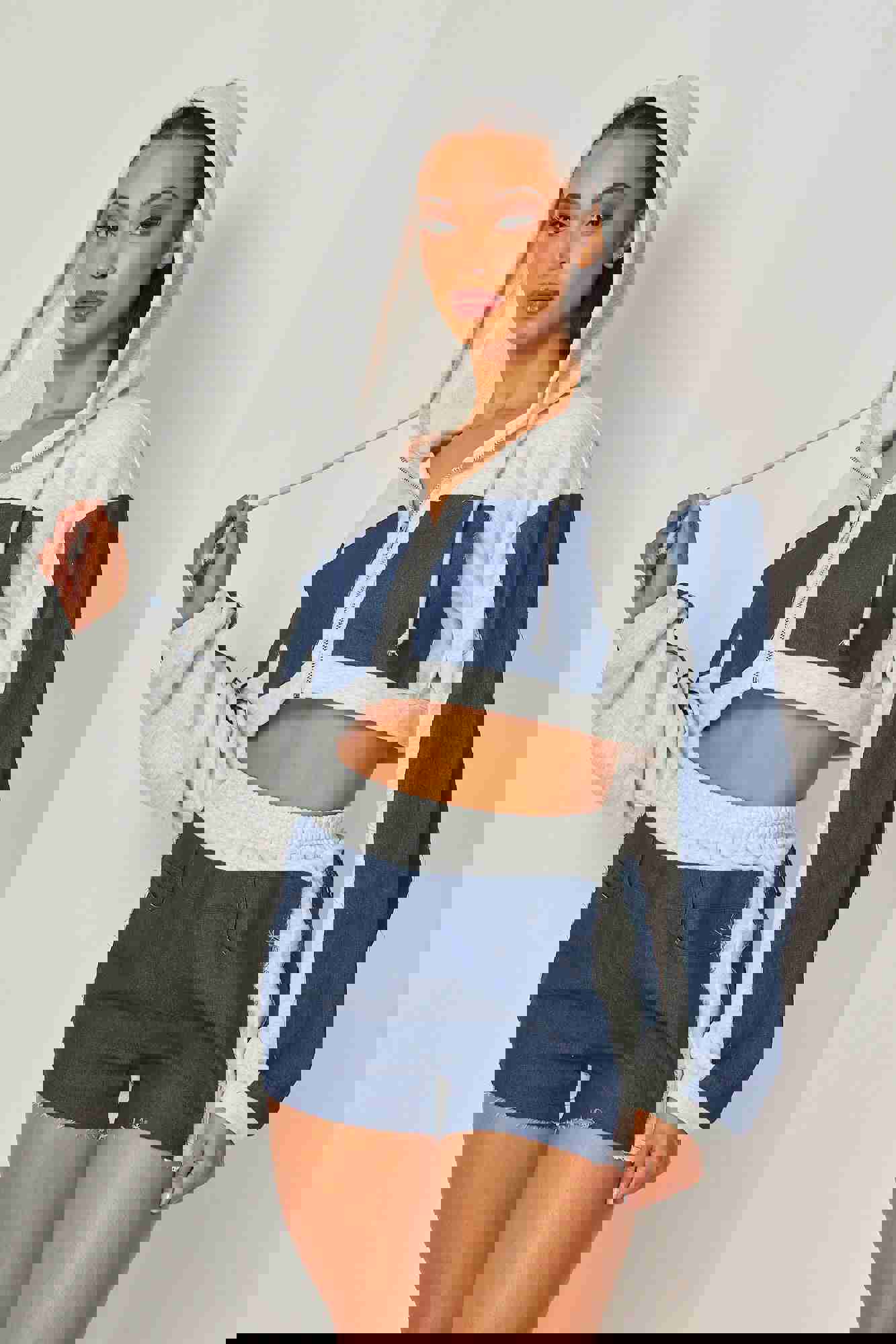 Daniela Denim Contrast Crop Hoodie & Shorts Set