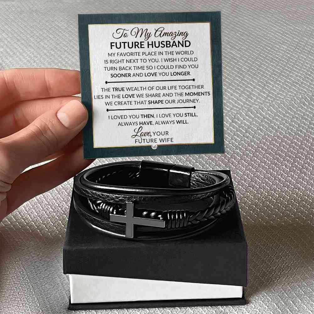 Heartfelt Gift For Future Husband - Mens Braided Leather Bracelet with Cross