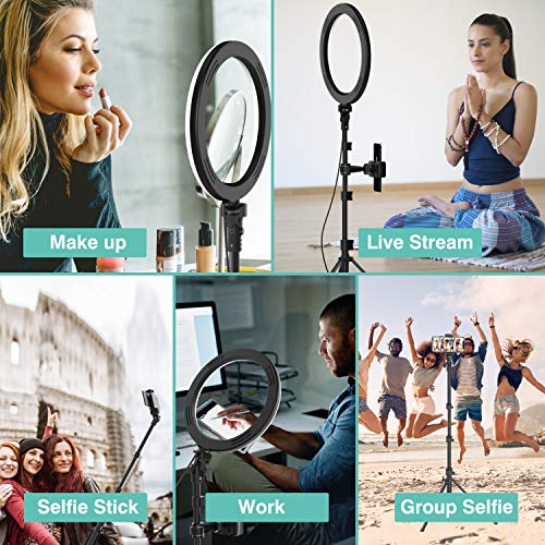 10 Selfie Ring Light with Tripod Stand & Phone Holder for Live Stream/Makeup, Dimmable LED Camera Beauty Ring Light for YouTube TikTok/Photography