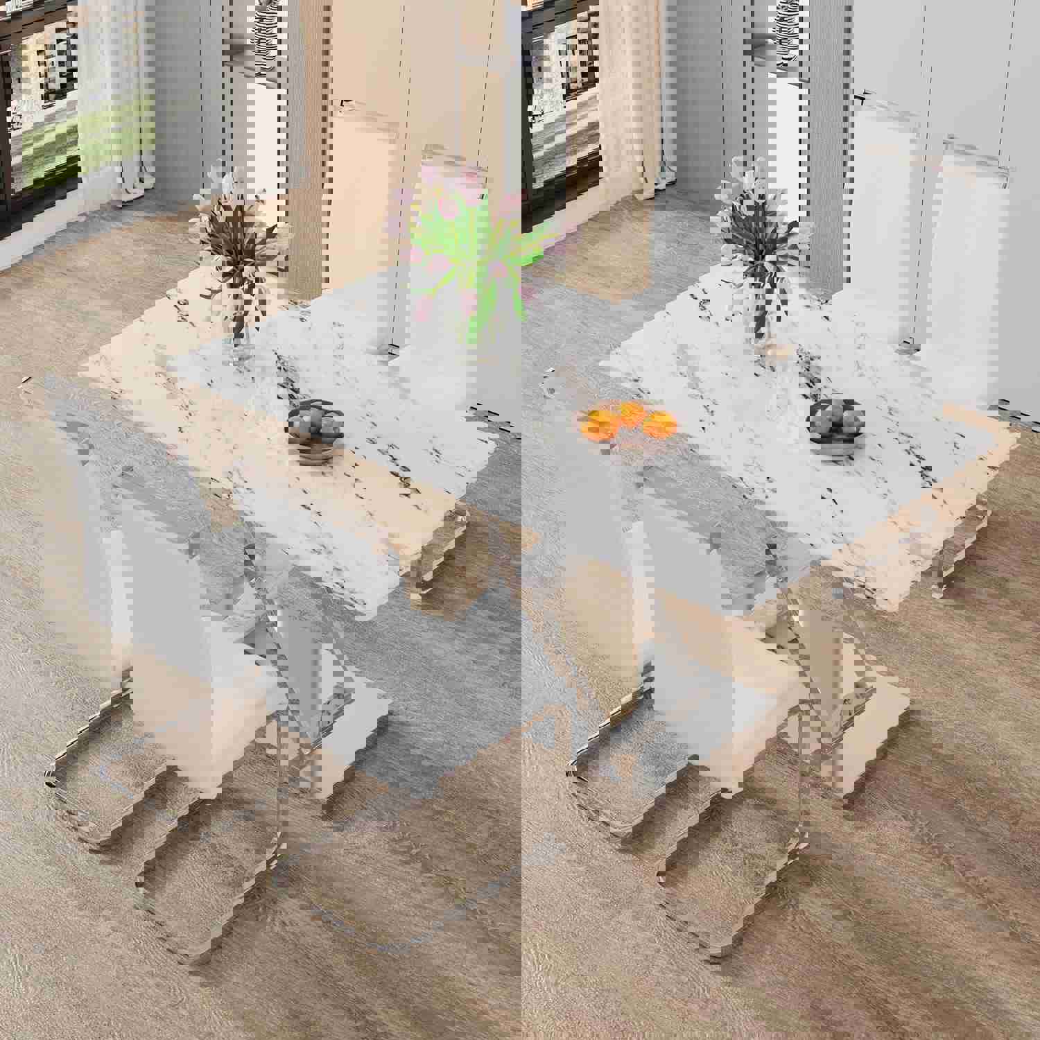 Modern White Rectangular Marble Textured Glass Dining Table with Stainless Steel Base