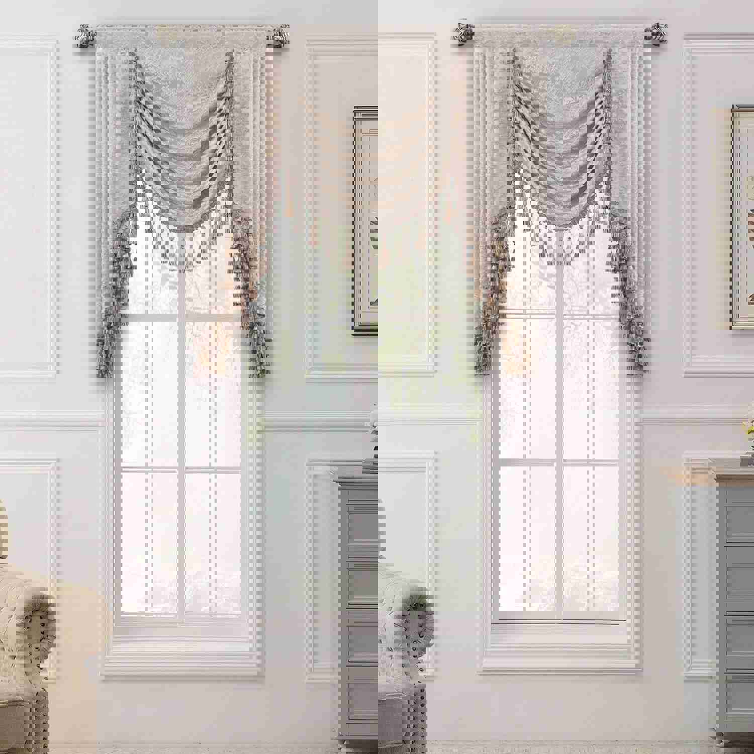 Elysee Swag Valance - Glossy Beige Silver with Gold Glitter Embroidered Waterfall Valance