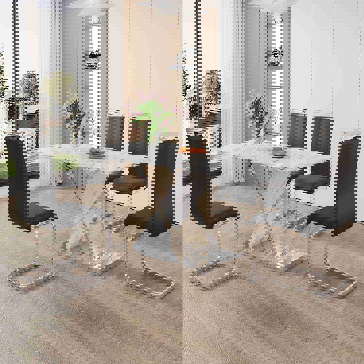 Modern White Rectangular Marble Textured Glass Dining Table with Stainless Steel Base