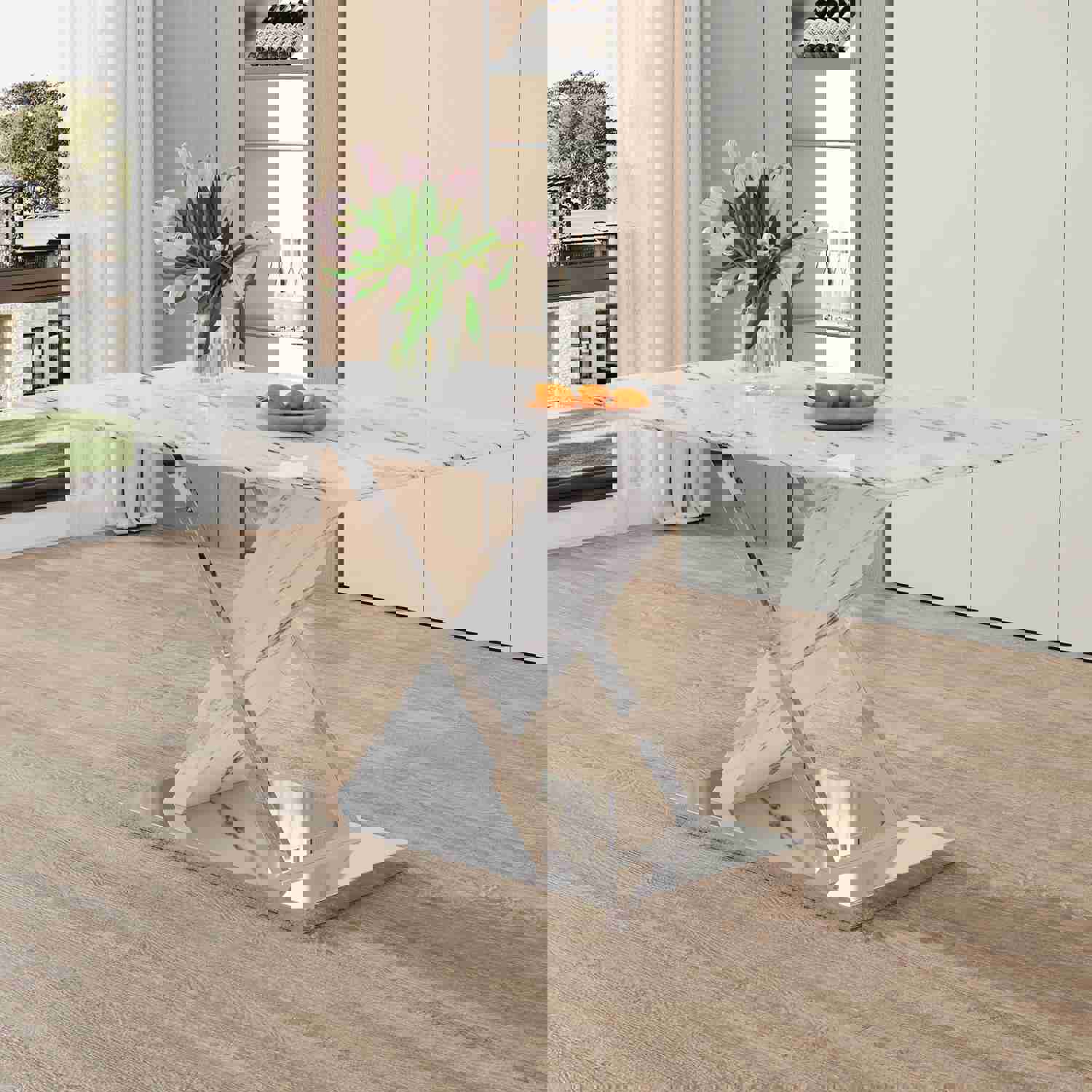 Modern White Rectangular Marble Textured Glass Dining Table with Stainless Steel Base