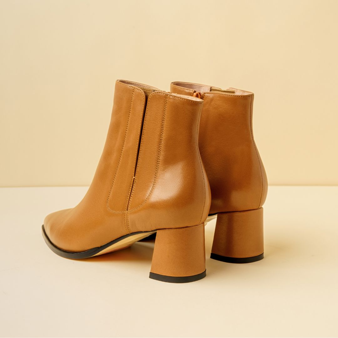 Camel Calf Leather Lower Block Ankle Boot
