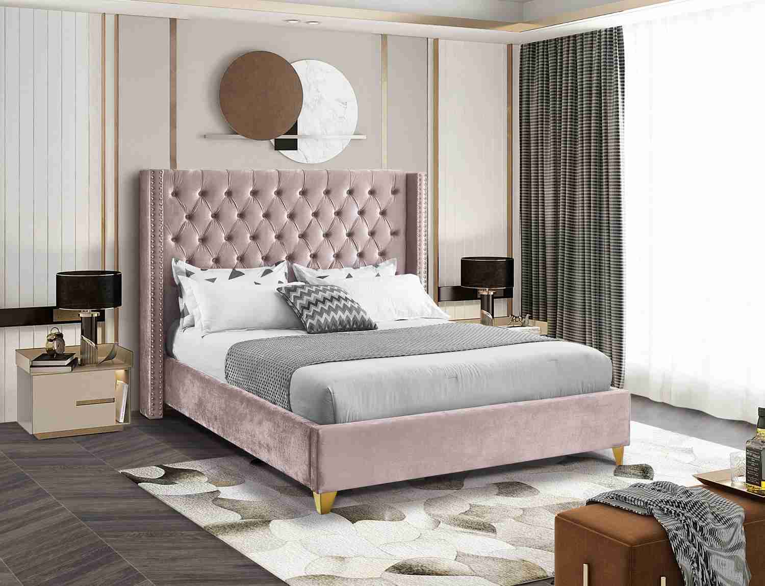 Barolo Pink Velvet Full Bed - Elegant Wing Design with Gold Accents