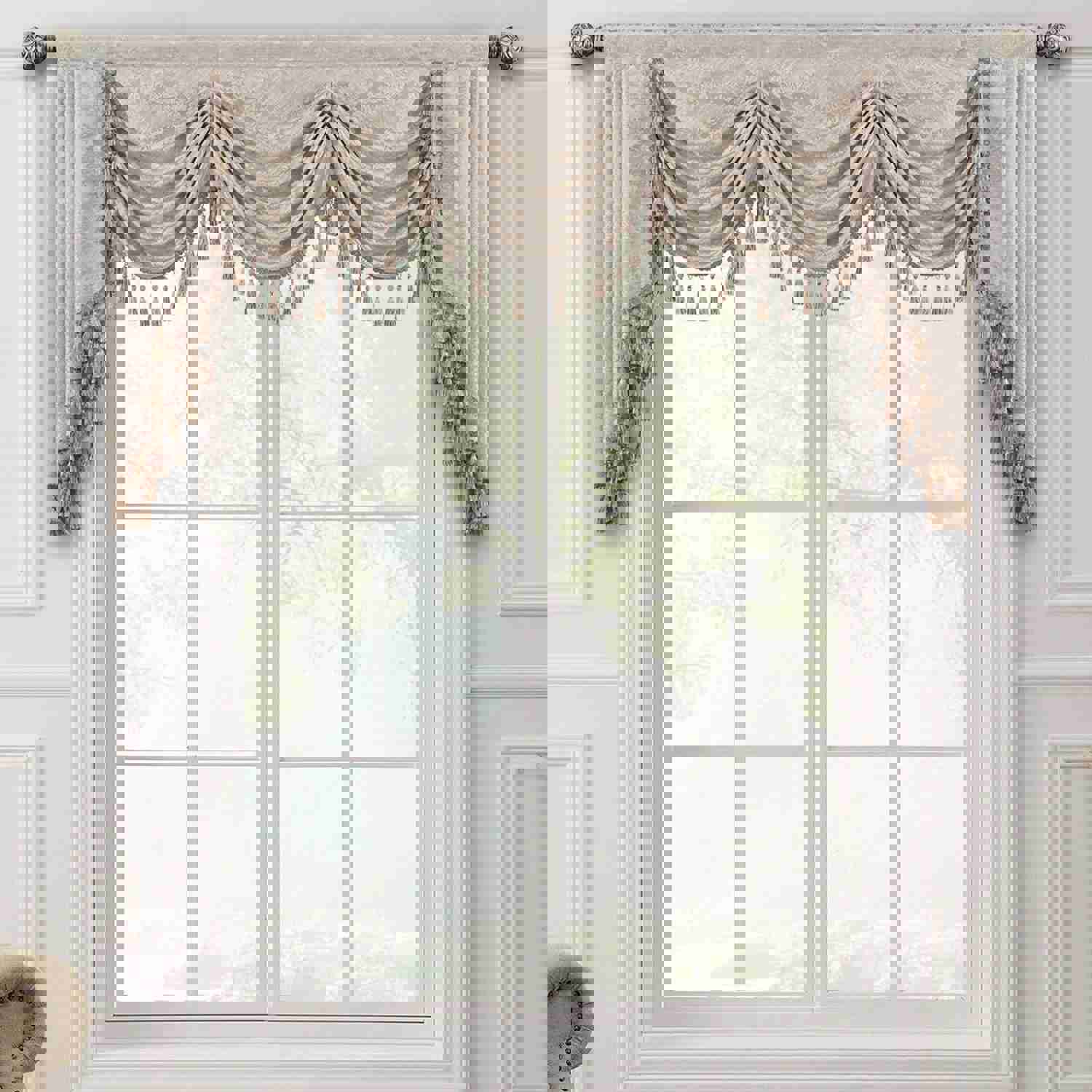Elysee Swag Valance - Glossy Beige Silver with Gold Glitter Embroidered Waterfall Valance