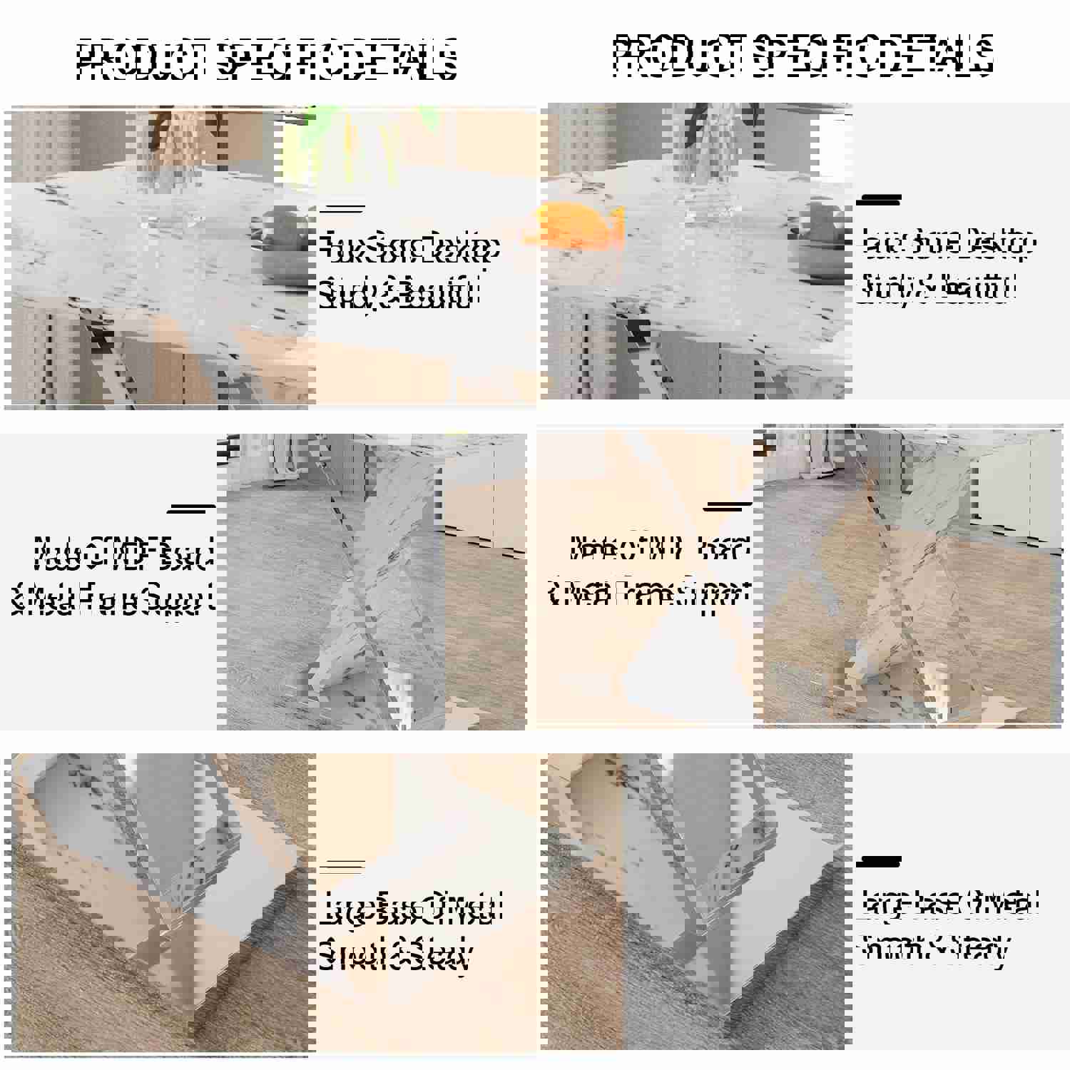 Modern White Rectangular Marble Textured Glass Dining Table with Stainless Steel Base