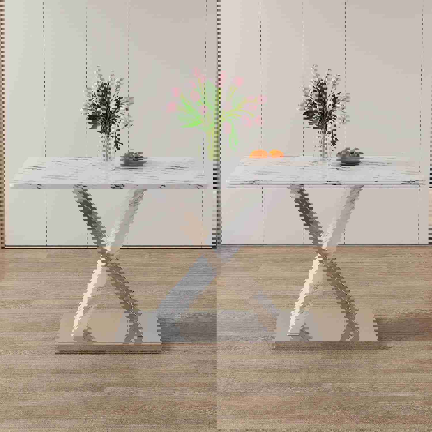 Modern White Rectangular Marble Textured Glass Dining Table with Stainless Steel Base