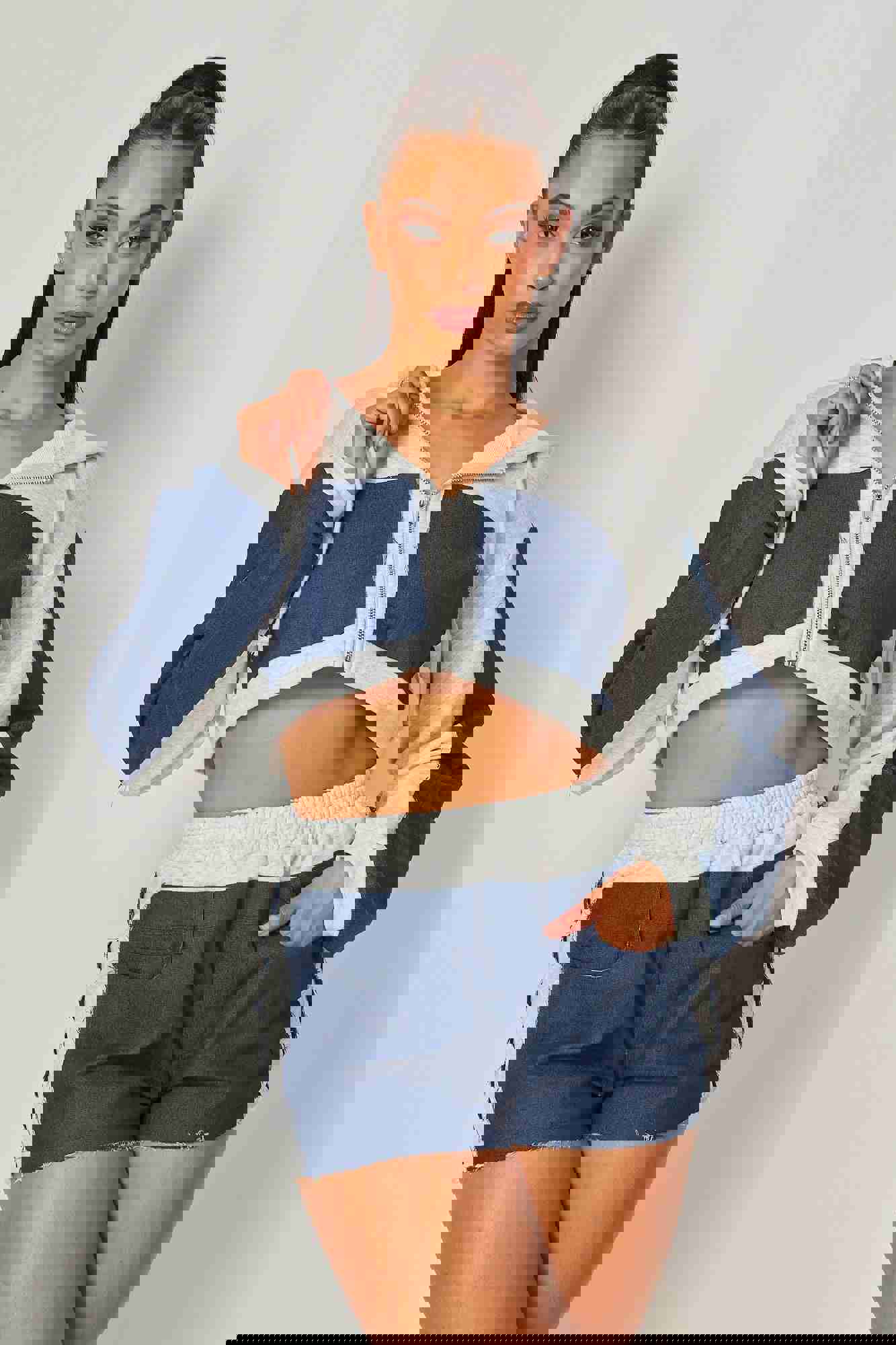 Daniela Denim Contrast Crop Hoodie & Shorts Set