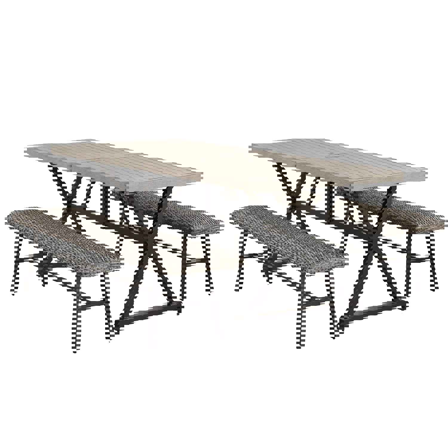 3 Pieces Patio Dining Set Outdoor Aluminum Rectangular Dining Table and Wicker Outdoor Bench