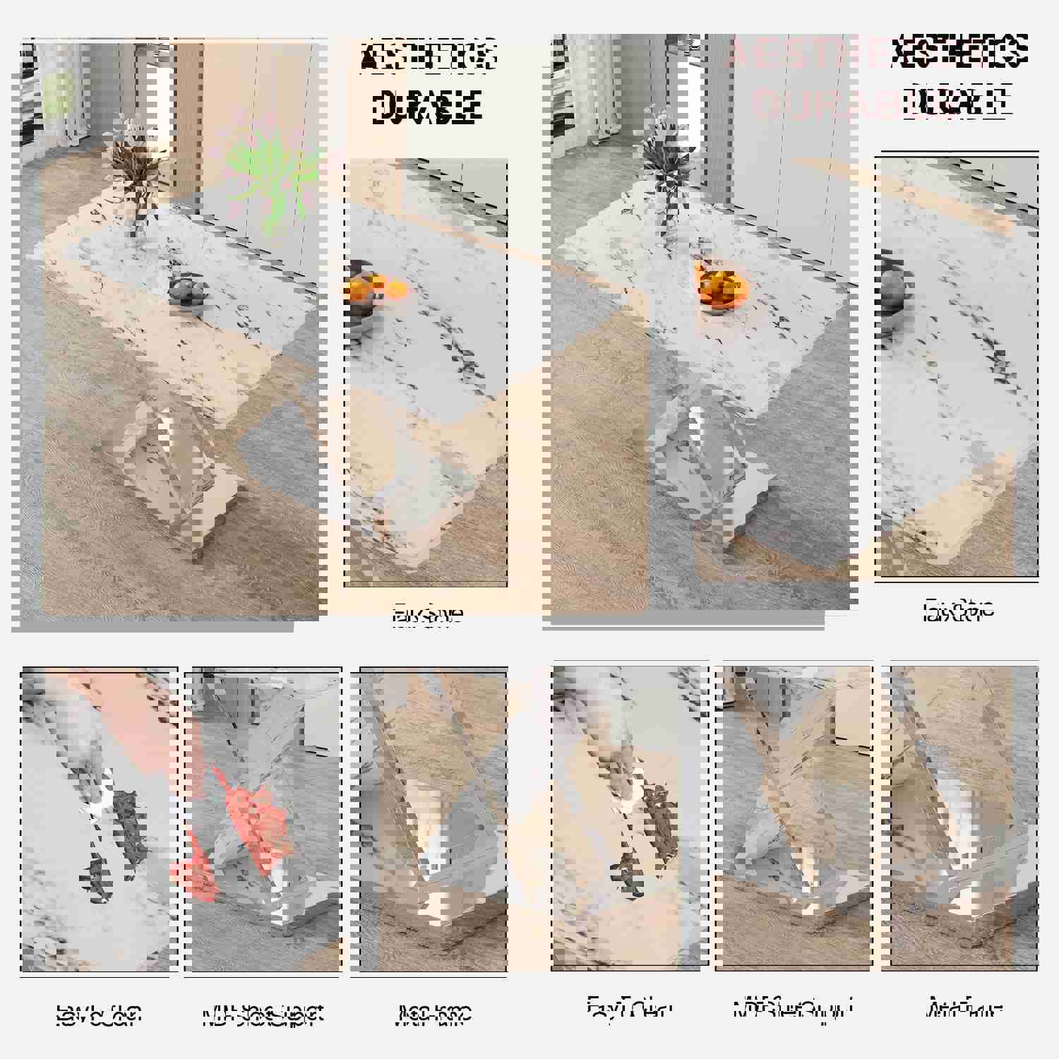 Modern White Rectangular Marble Textured Glass Dining Table with Stainless Steel Base