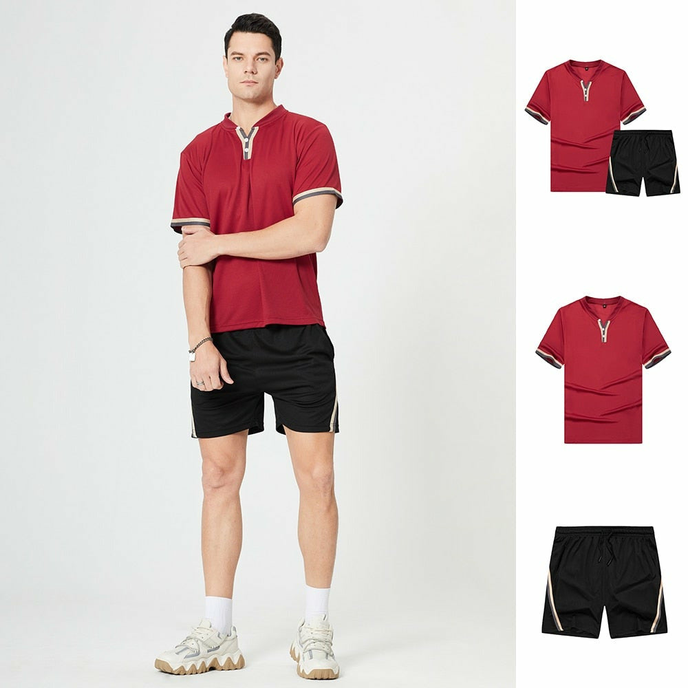 Men's Casual Sportswear 2-Piece Set - Breathable Summer Short Sleeve Shirt & Shorts