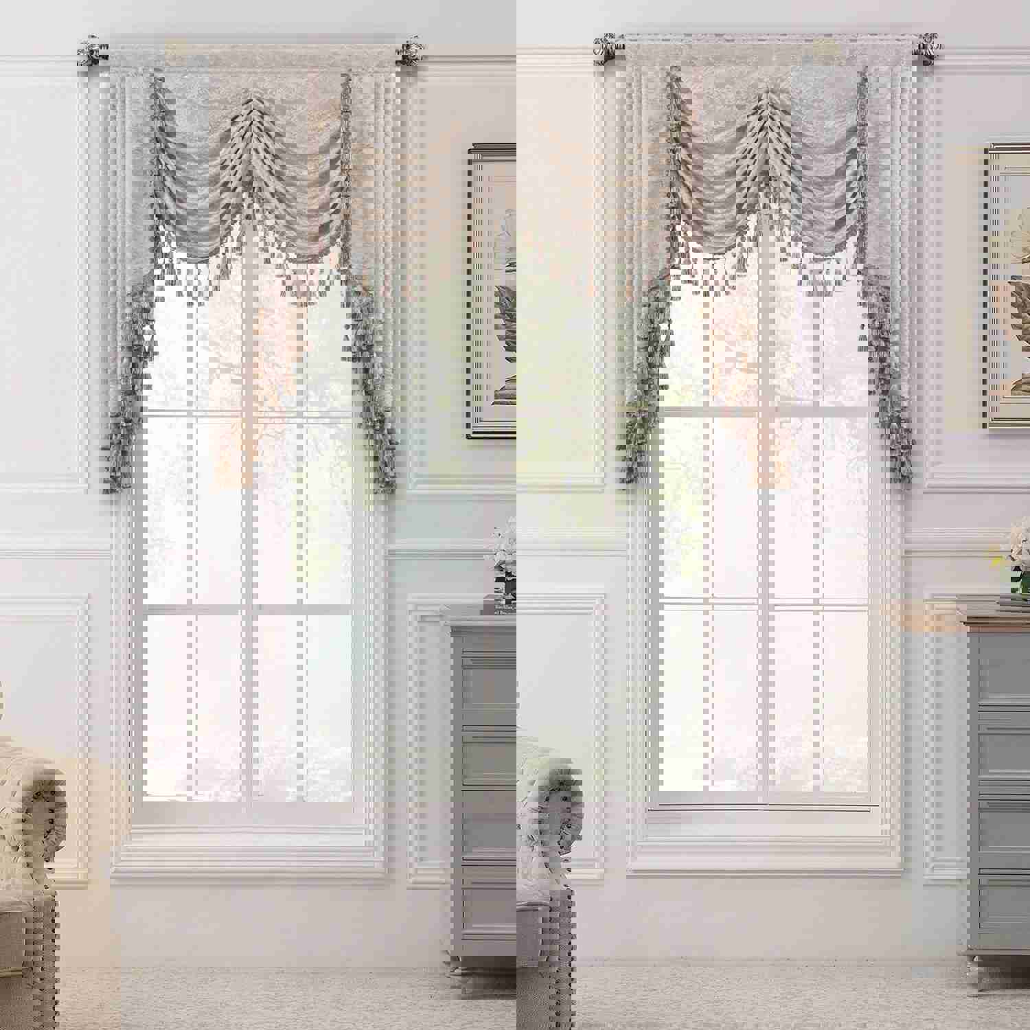 Elysee Swag Valance - Glossy Beige Silver with Gold Glitter Embroidered Waterfall Valance