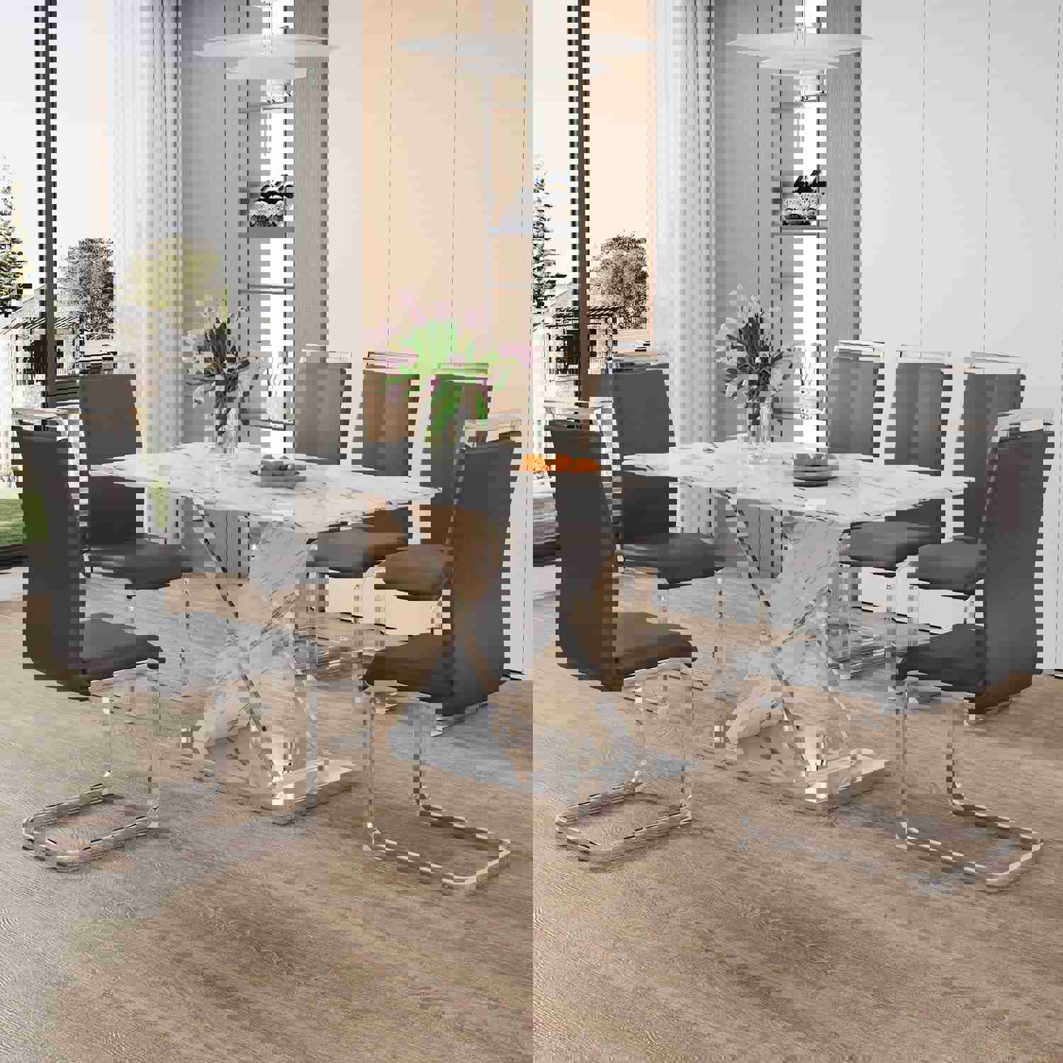 Modern White Rectangular Marble Textured Glass Dining Table with Stainless Steel Base