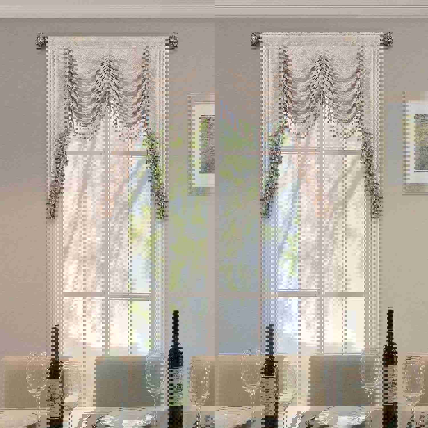 Elysee Swag Valance - Glossy Beige Silver with Gold Glitter Embroidered Waterfall Valance