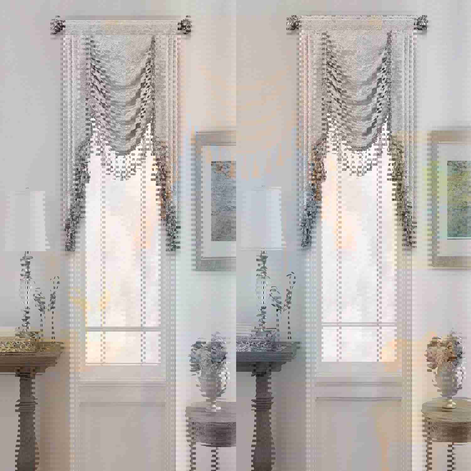 Elysee Swag Valance - Glossy Beige Silver with Gold Glitter Embroidered Waterfall Valance
