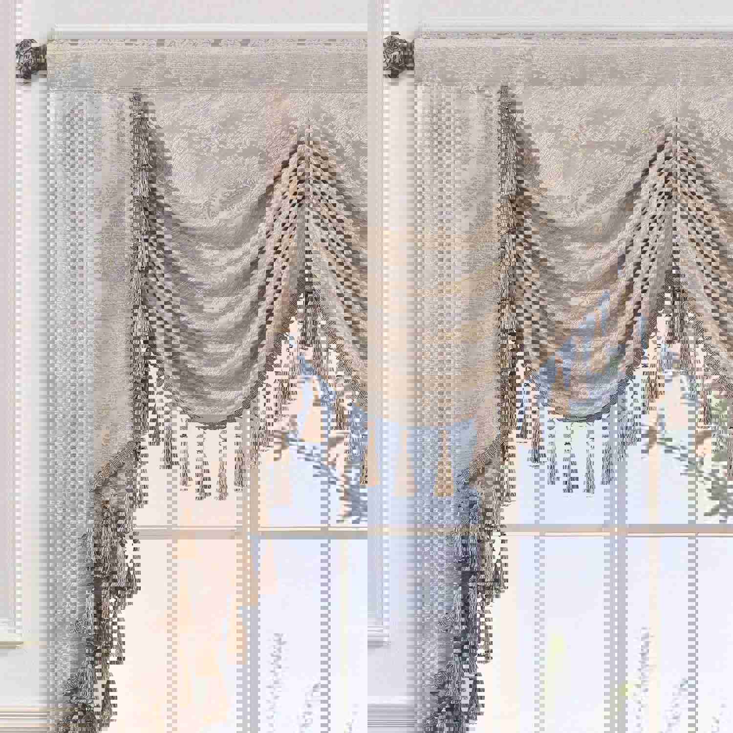 Elysee Swag Valance - Glossy Beige Silver with Gold Glitter Embroidered Waterfall Valance