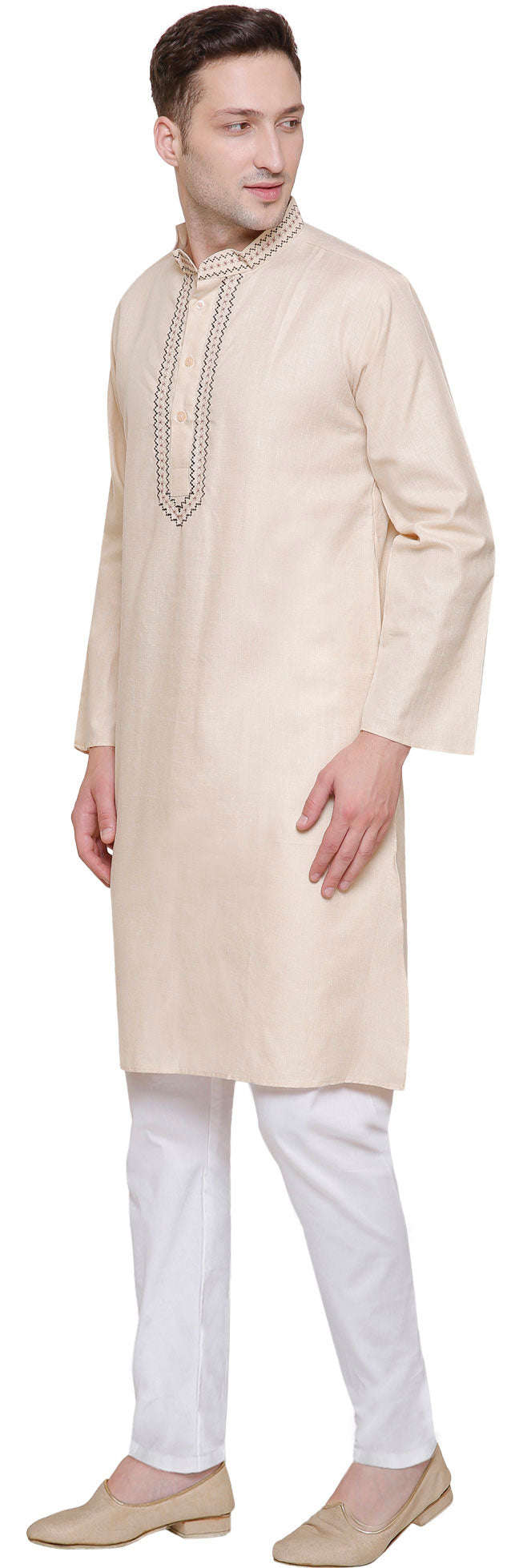 Cotton Embroidered Men's Kurta Pajama - Beige (India Clothing)