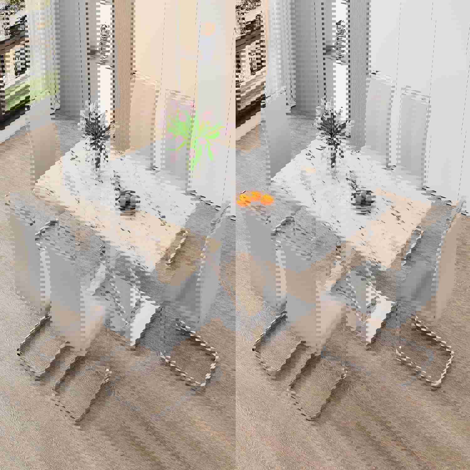 Modern White Rectangular Marble Textured Glass Dining Table with Stainless Steel Base