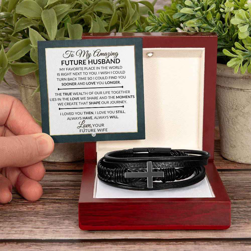 Heartfelt Gift For Future Husband - Mens Braided Leather Bracelet with Cross