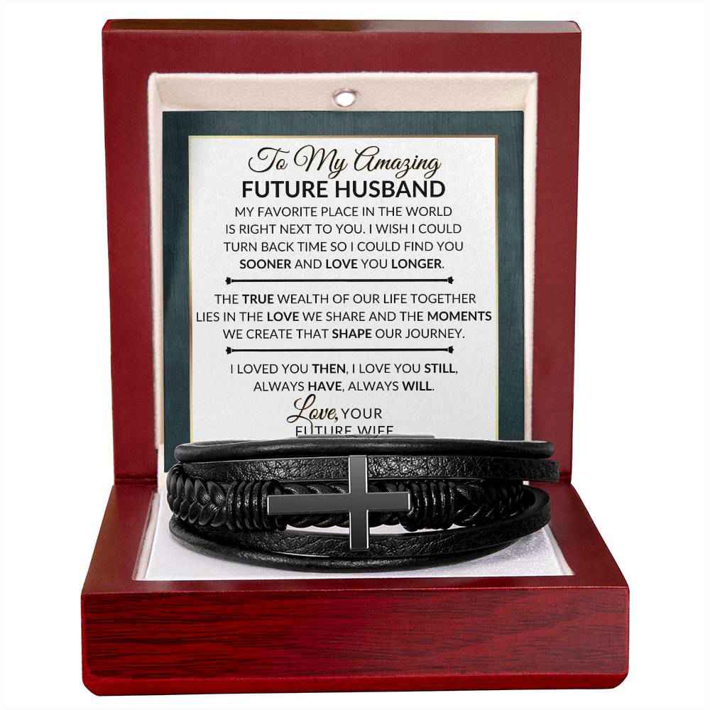 Heartfelt Gift For Future Husband - Mens Braided Leather Bracelet with Cross