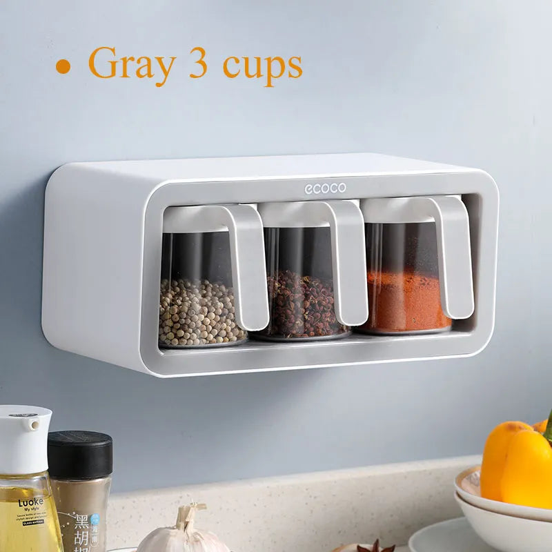 SRline Wall Mount Spice Rack Organizer Set with Sugar Bowl, Salt Shaker, and Seasoning Containers