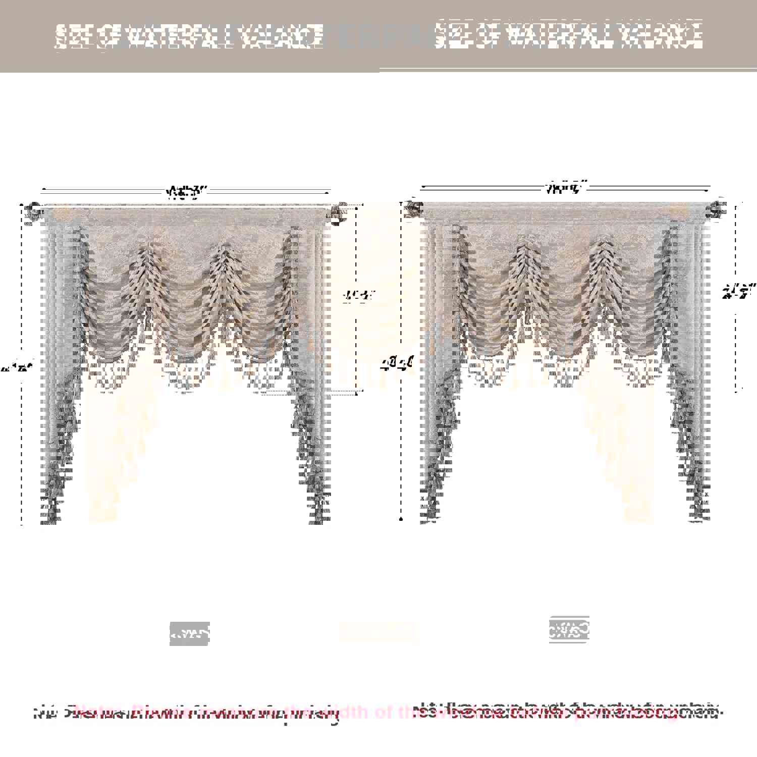 Elysee Swag Valance - Glossy Beige Silver with Gold Glitter Embroidered Waterfall Valance