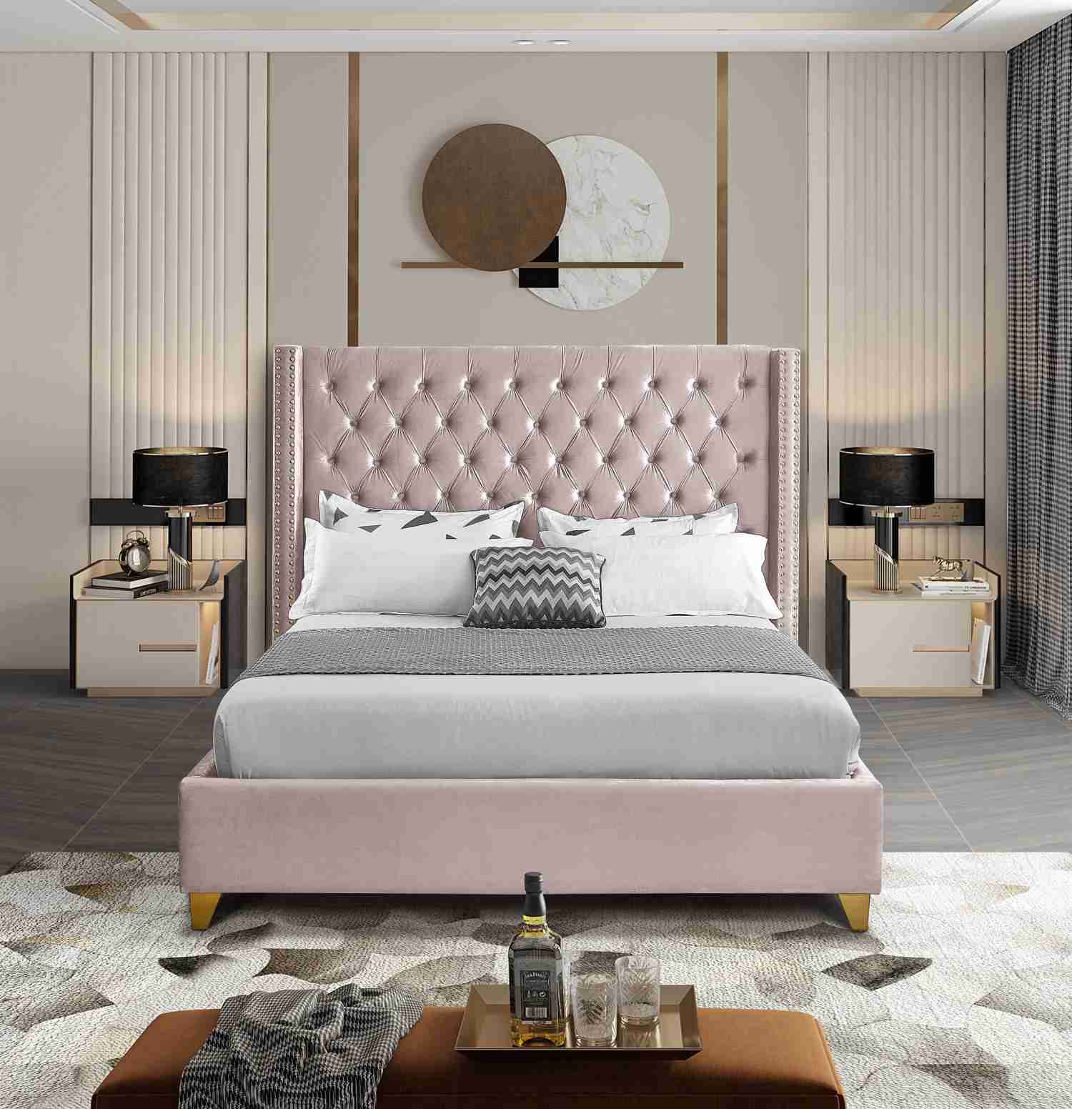 Barolo Pink Velvet Full Bed - Elegant Wing Design with Gold Accents