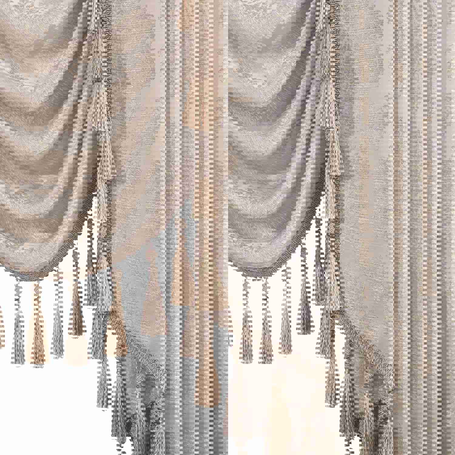 Elysee Swag Valance - Glossy Beige Silver with Gold Glitter Embroidered Waterfall Valance