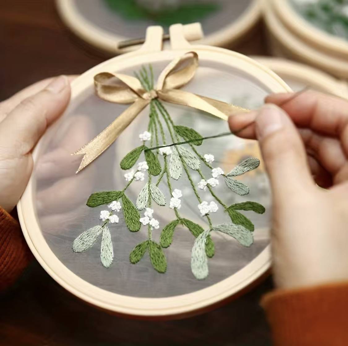 Embroidery Kit - Transparent Mesh Vine Leaves Bow DIY Craft