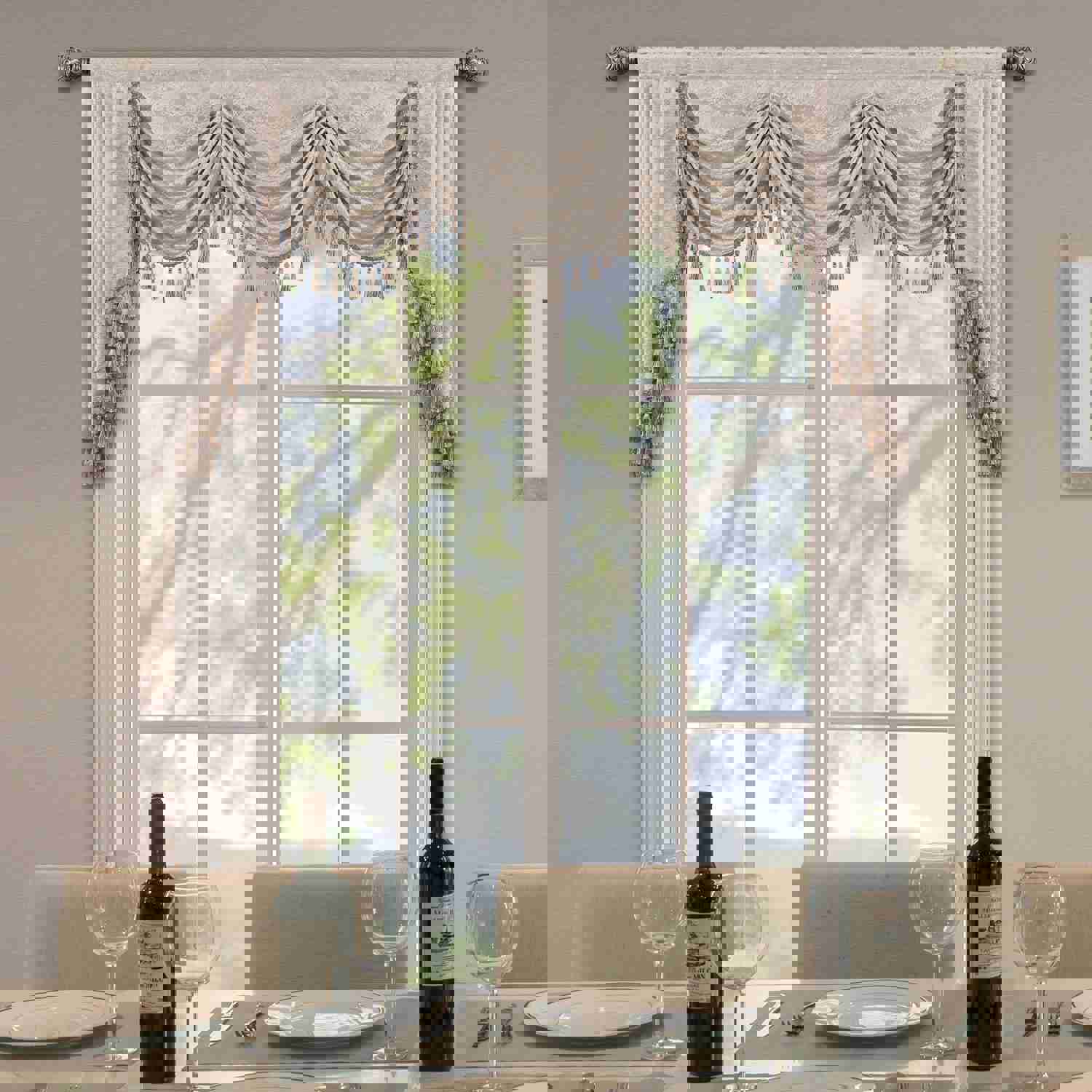 Elysee Swag Valance - Glossy Beige Silver with Gold Glitter Embroidered Waterfall Valance