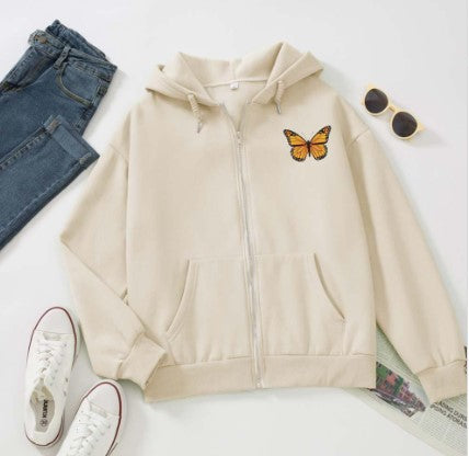 Long Sleeved Zip-Up Hoodie with Butterfly Print