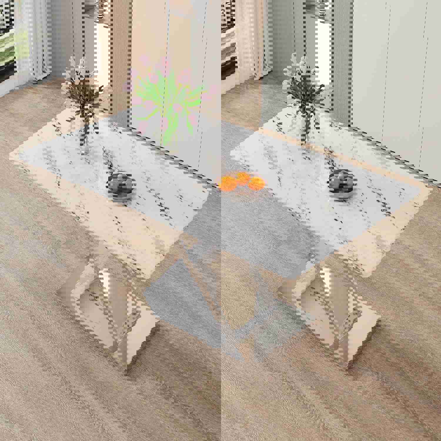 Modern White Rectangular Marble Textured Glass Dining Table with Stainless Steel Base