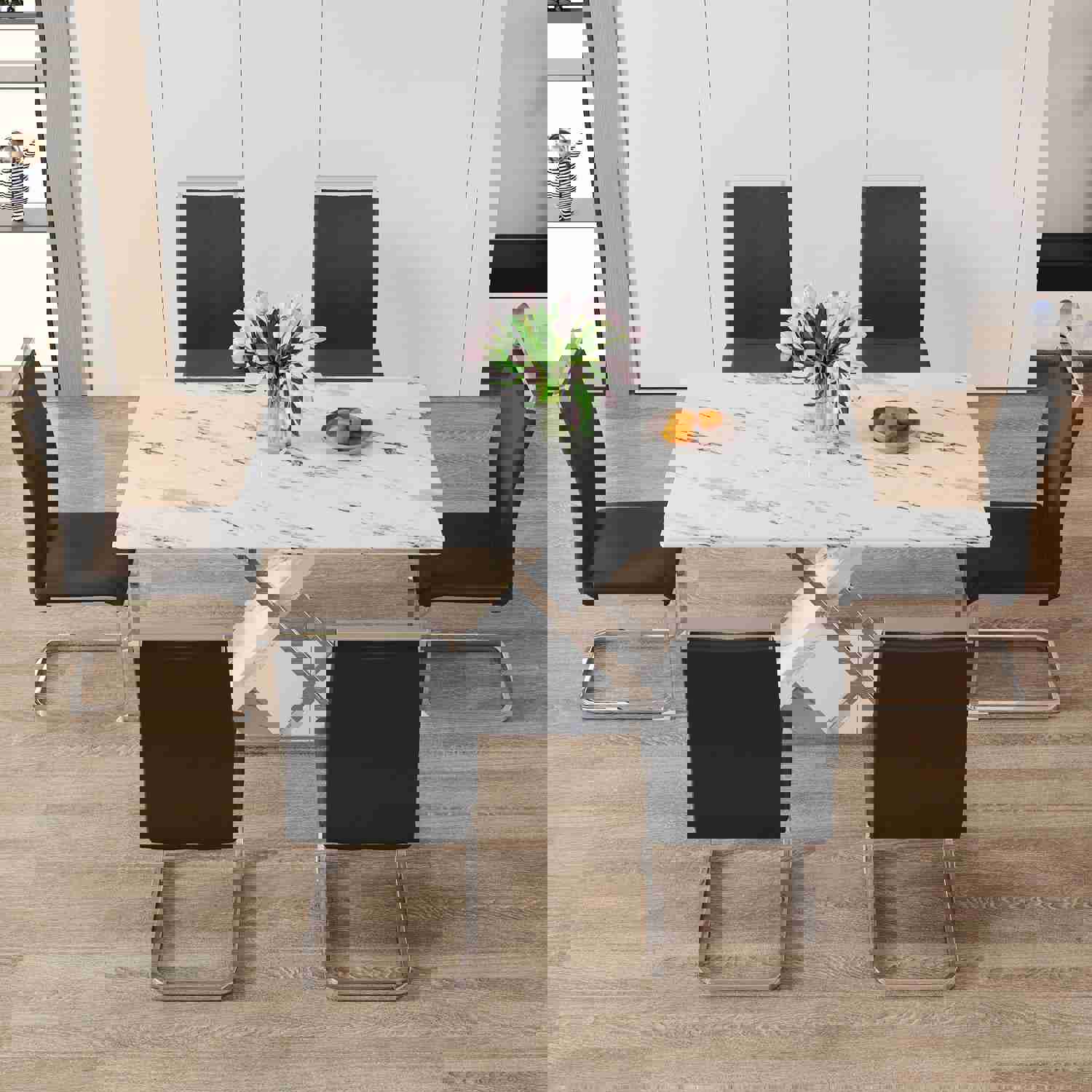 Modern White Rectangular Marble Textured Glass Dining Table with Stainless Steel Base