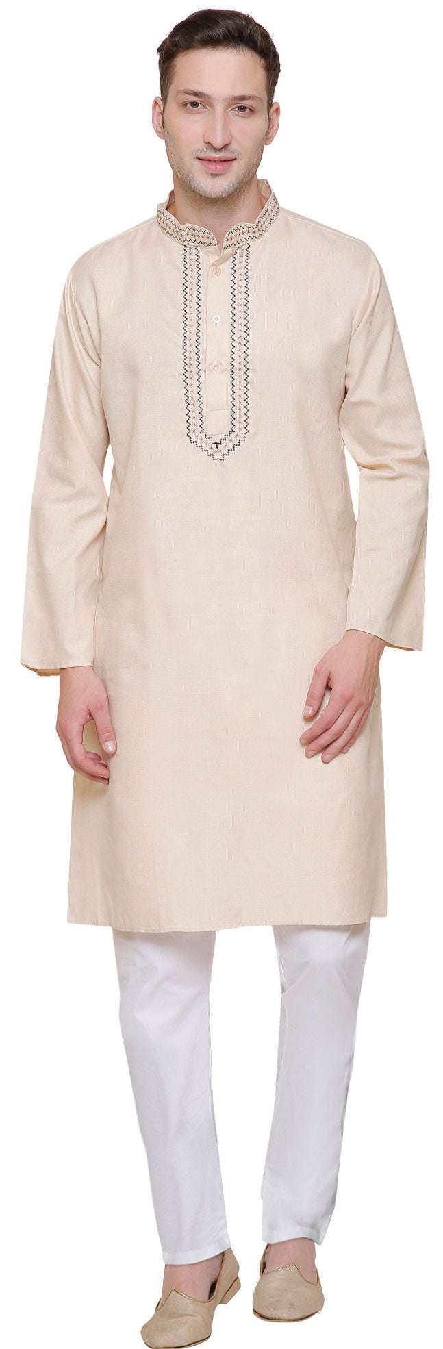 Cotton Embroidered Men's Kurta Pajama - Beige (India Clothing)
