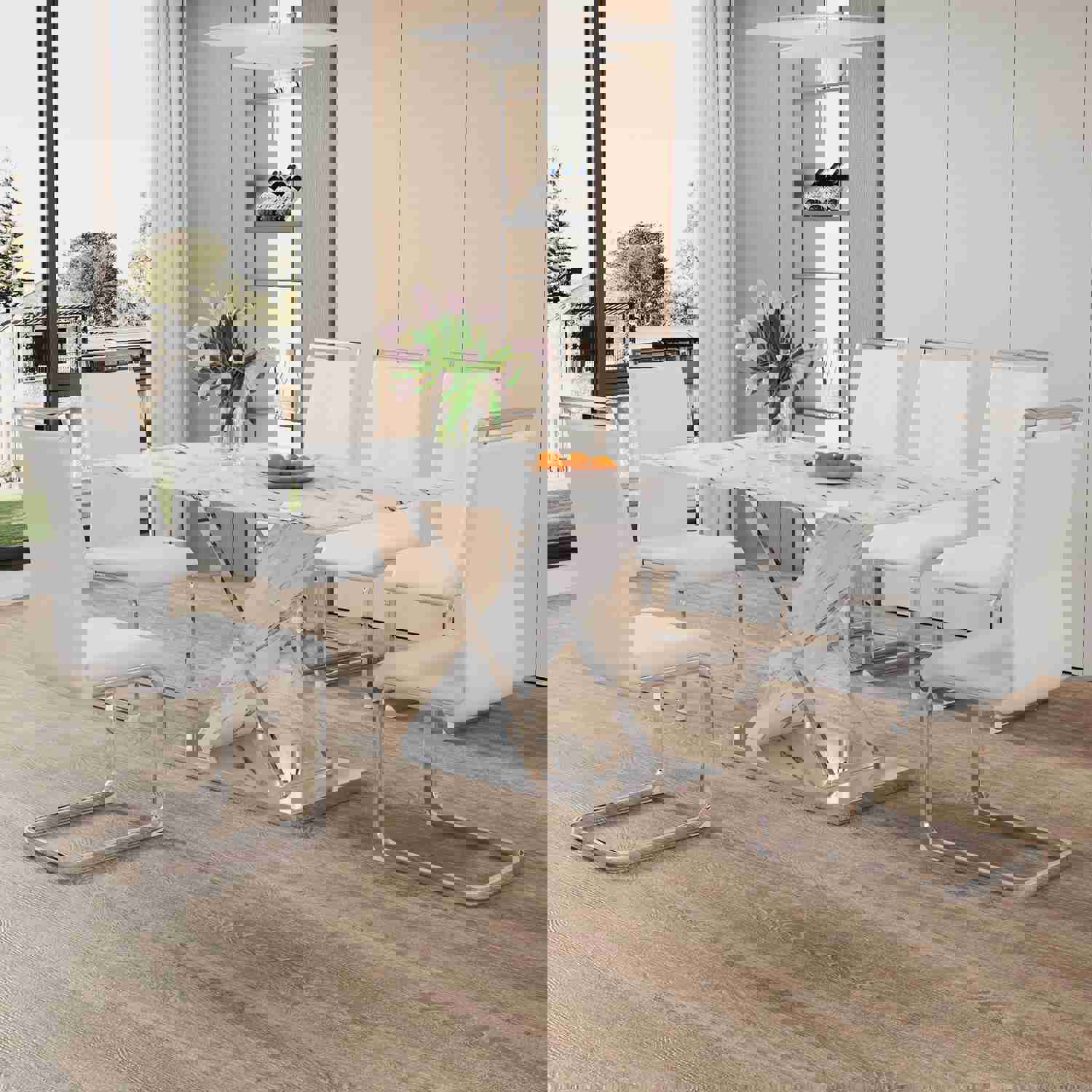 Modern White Rectangular Marble Textured Glass Dining Table with Stainless Steel Base